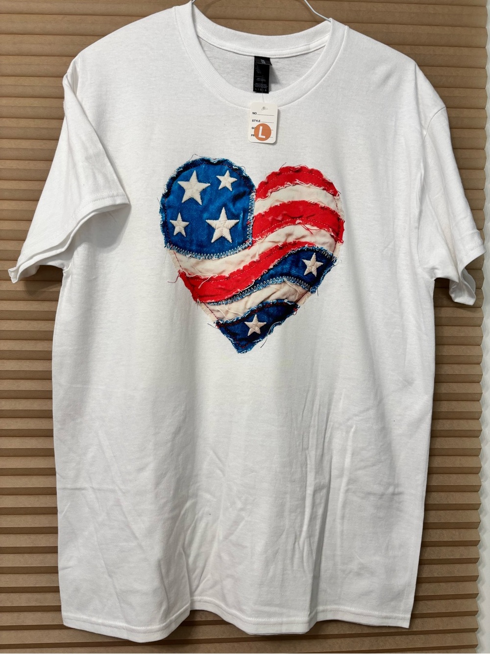 SPECIAL NEW White Tee with American Flag Heart Patch size Large